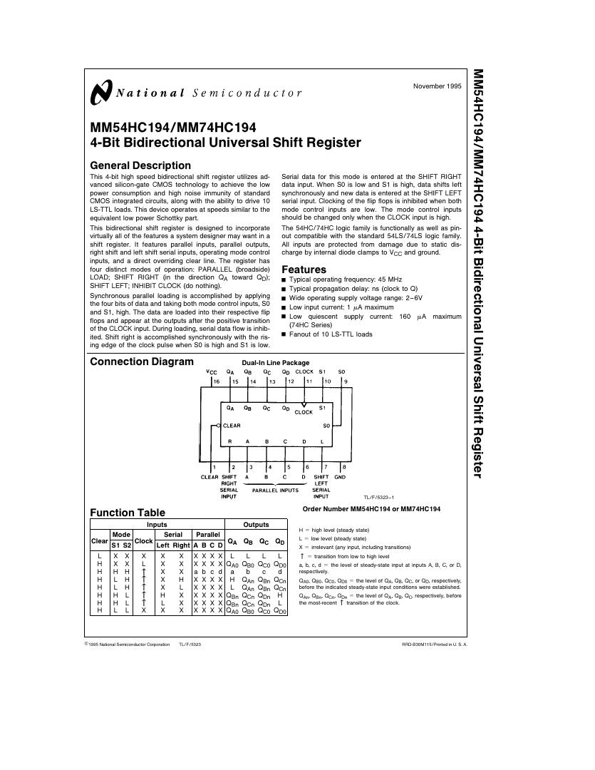 Pin diagram of Bidirectional Universal Shift Register - 74HC194