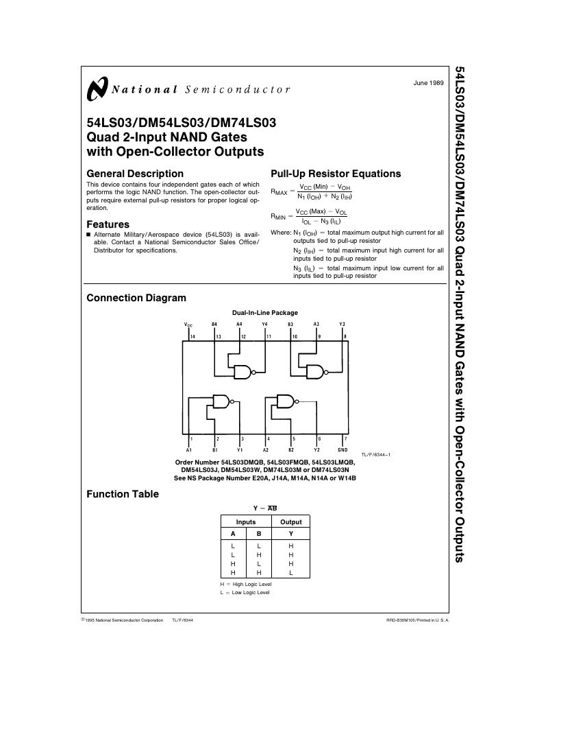 Pin diagram of Quad 2-input NAND Gates with Open-Collector Outputs - 74LS03