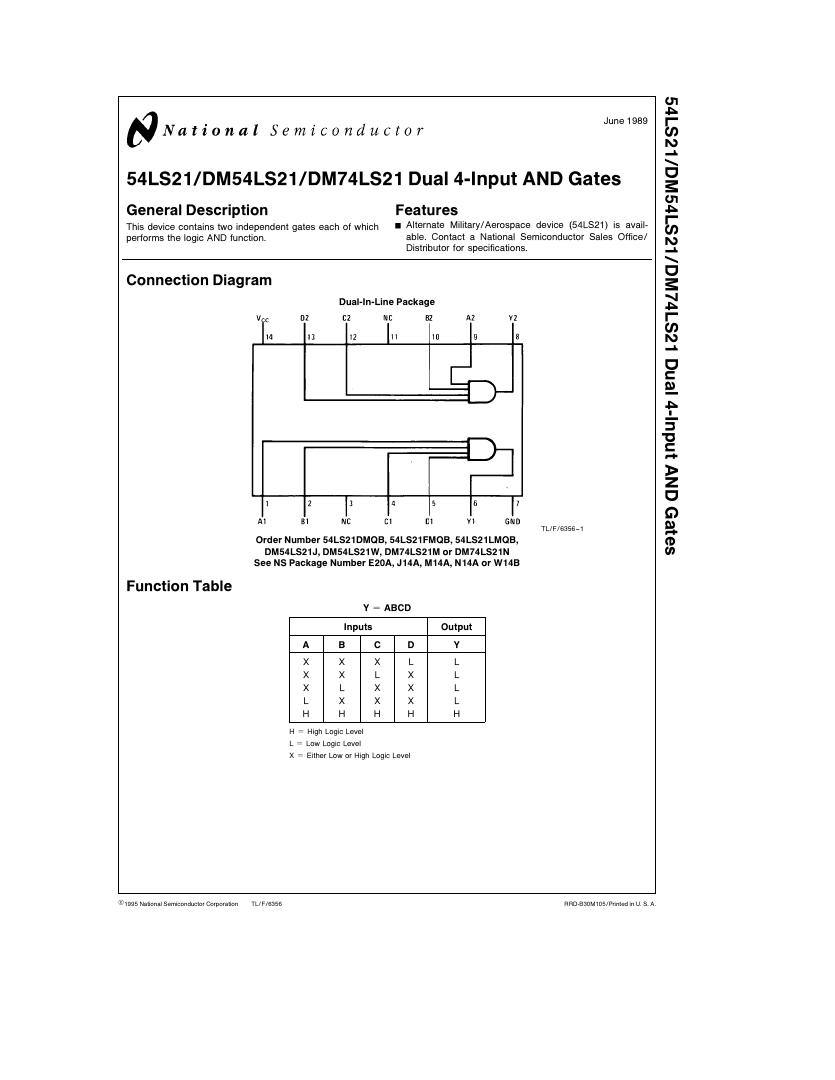 Pin diagram of Dual 4-Input AND Gates - 74LS21