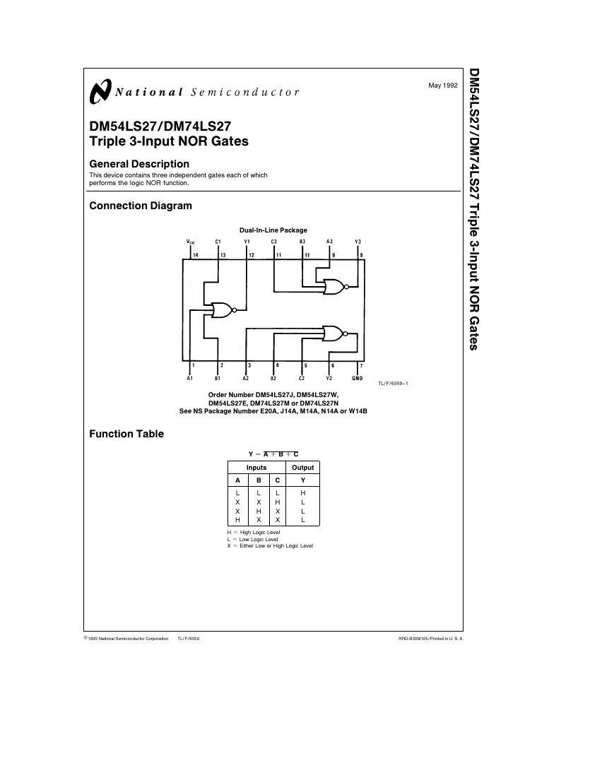 Pin diagram of Triple 3-input NOR Gates - 74LS27