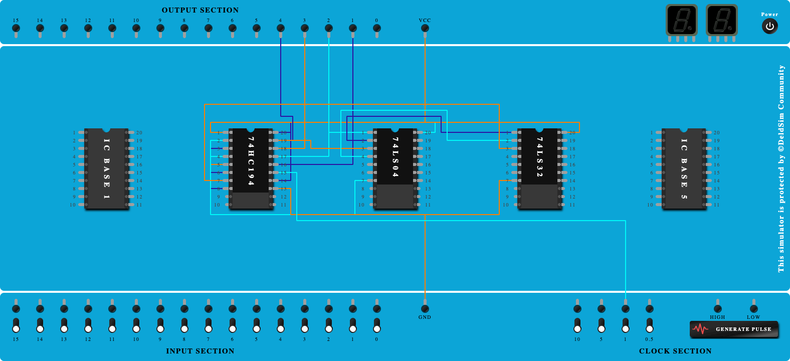 Design and implement pulse train generator using IC74HC194 for pulse 111001 (Use left shift)